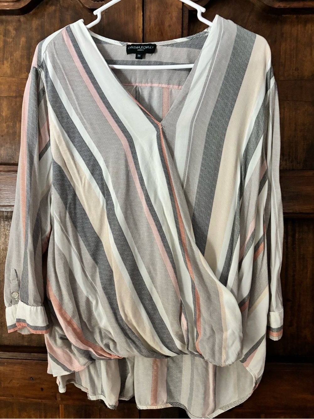 Cynthia Rowley Striped Blouse in White, Gray & Blush Trim